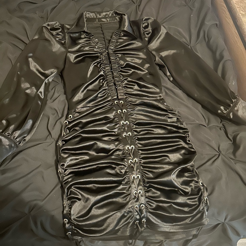 Elegant Black Satin Ruched Dress